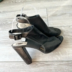 VINCE CAMUTO Vamelia Black Genuine Leather  Open Toe Booties